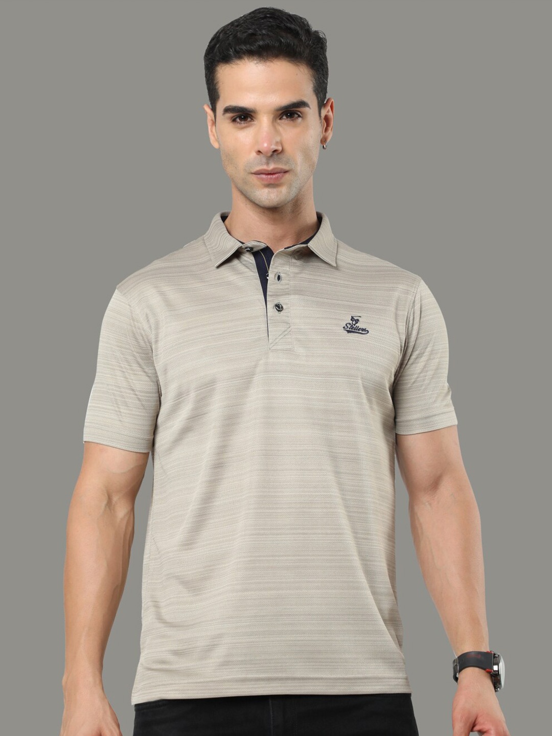 

STELLERS Striped Polo Collar T-shirt, Grey