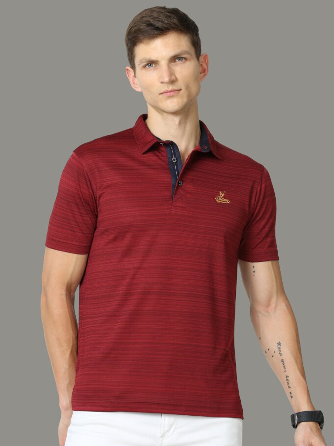 

STELLERS Striped Polo Collar T-shirt, Maroon