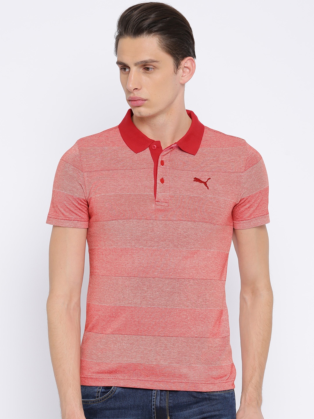 

Puma Men Red Self Design Polo Collar India Thick Stripe Heather T-shirt