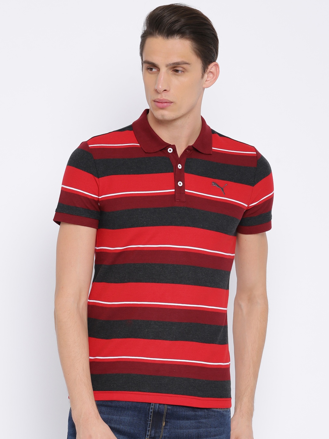 

Puma Men Red & Charcoal Black Striped Slim Fit Polo Collar India Y D Stripe Pique T-shirt