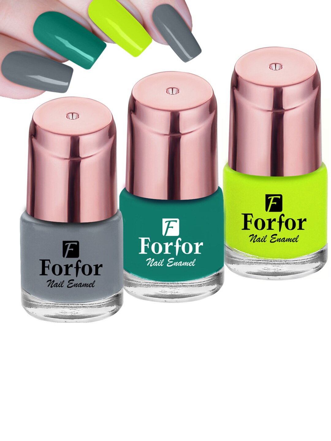 

FORFOR Set of 3 Perfect Stay Rose Gold Long-Wearing Glossy Nail Enamel - 6 ml each, Green