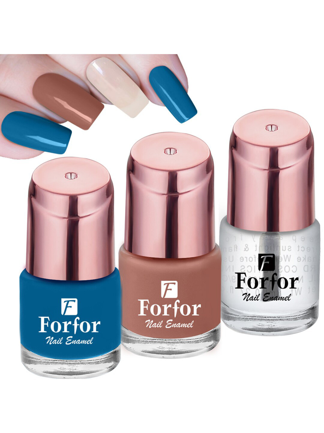 

FORFOR Set of 3 Perfect Stay Rose Gold Long-Wearing Glossy Nail Enamel - 6 ml each, Blue
