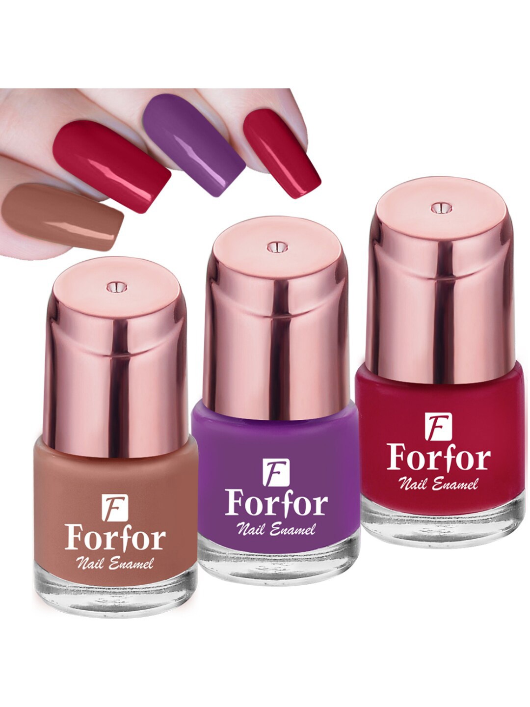 

FORFOR Set of 3 Perfect Stay Rose Gold Long-Wearing Glossy Nail Enamel - 6 ml each, Purple