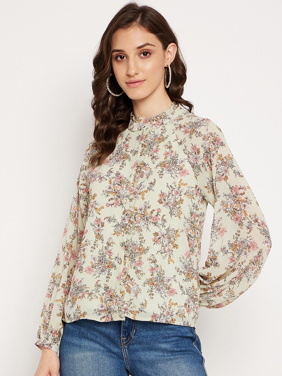 

Madame Green Floral Printed Casual Shirt, Cream