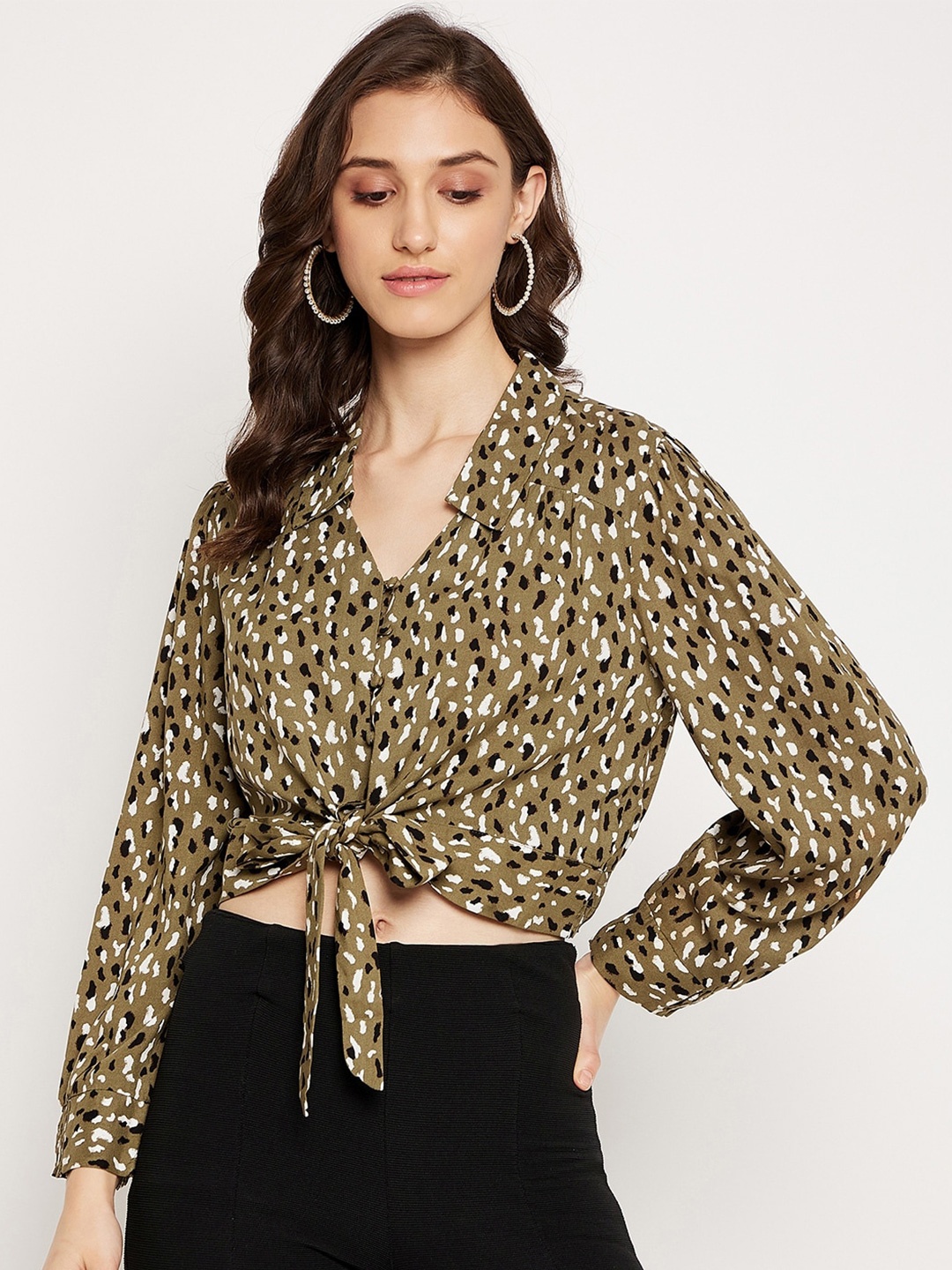 

Madame Animal Printed Tie-Ups Shirt Style Crop Top, Olive