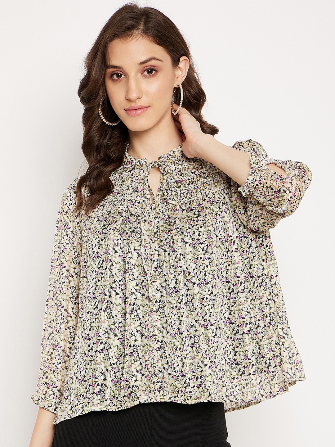

Madame \Floral Printed Tie-Up Neck Puff Sleeve Smocked A-Line Top, Beige