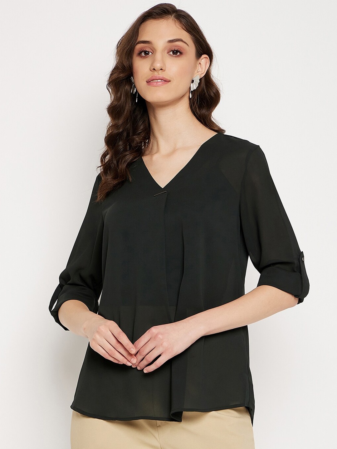 

Madame V-Neck Roll-Up Sleeves Semi Sheer Top, Olive