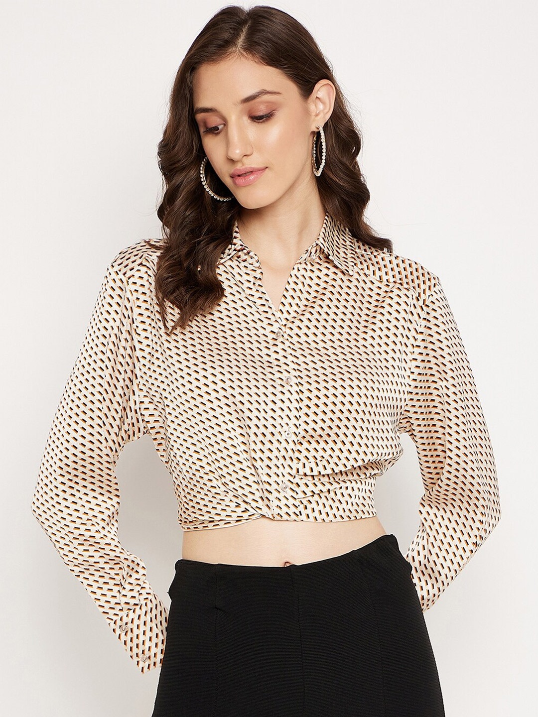 

Madame Geometric Printed Shirt Style Crop Top, Off white