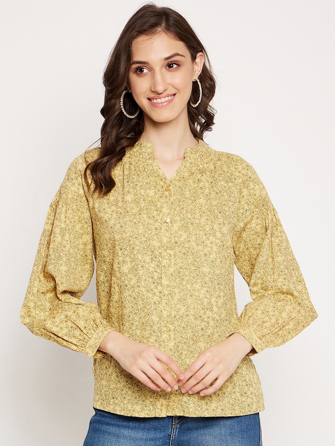 

Madame Floral Printed Mandarin Collar Smocking Shirt Style Top, Mustard