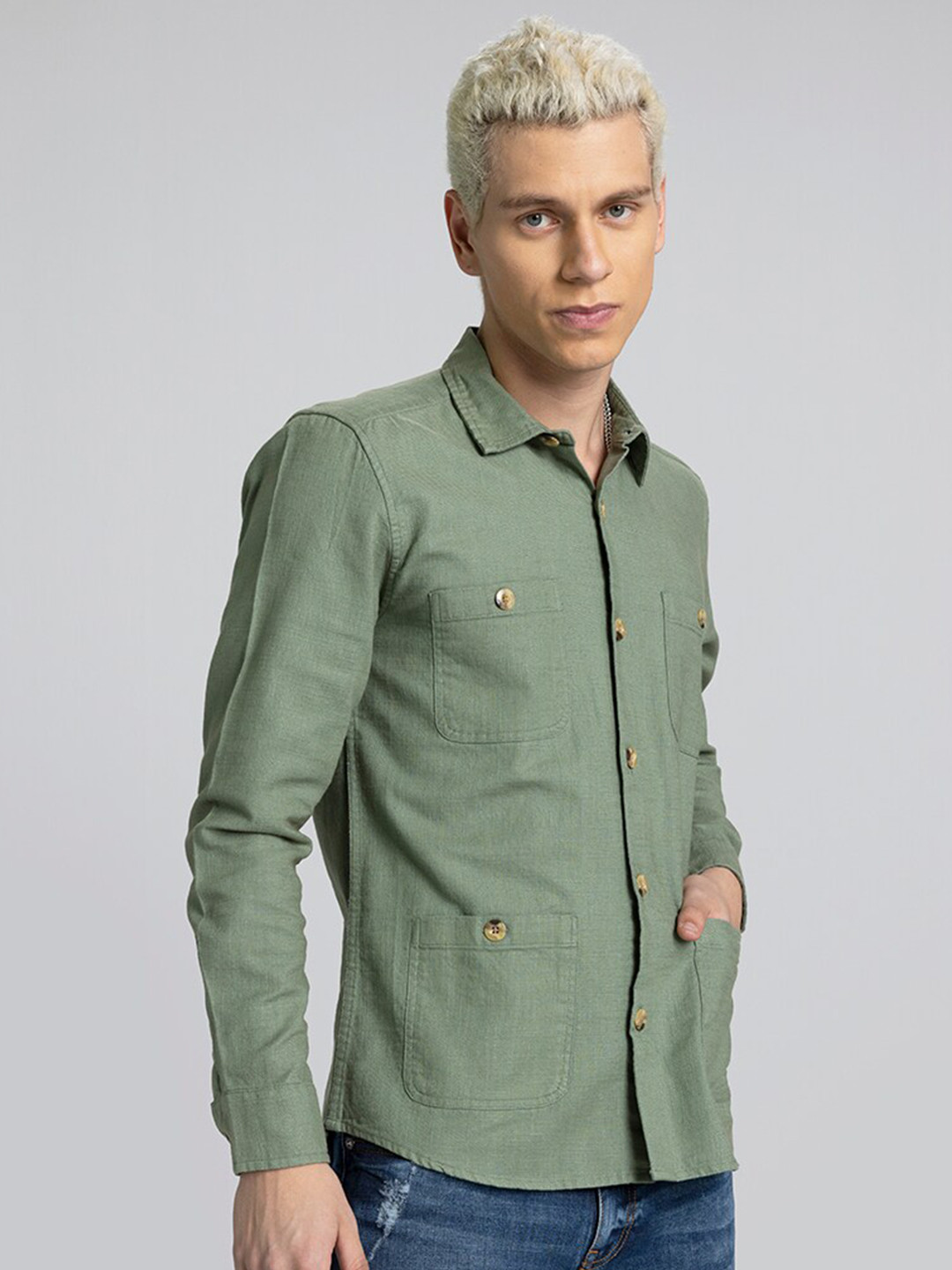

Snitch Men Olive Green Linen Slim Fit Opaque Casual Shirt