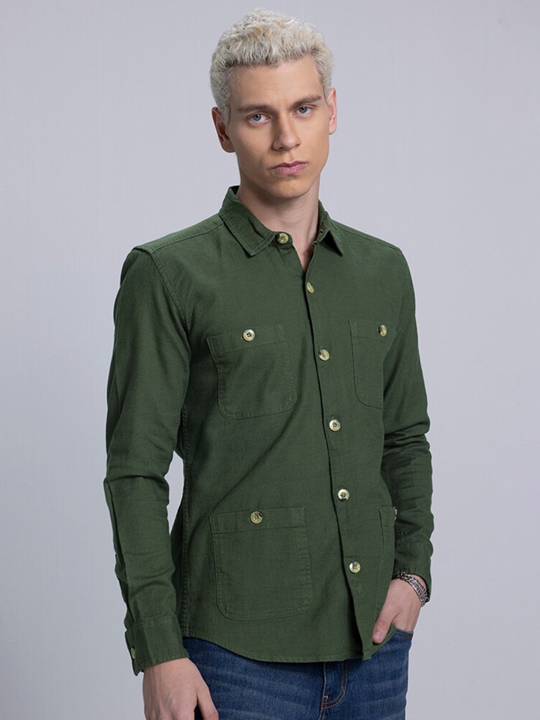 

Snitch Men Green Linen Slim Fit Opaque Casual Shirt
