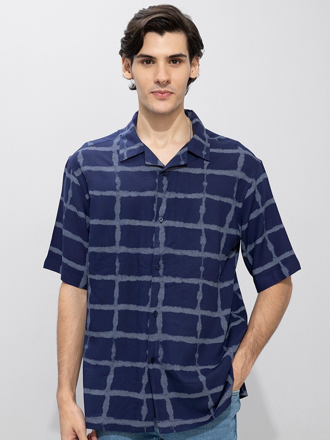 

Snitch Men Navy Blue Windowpane Checked Opaque Slim Fit Casual Shirt