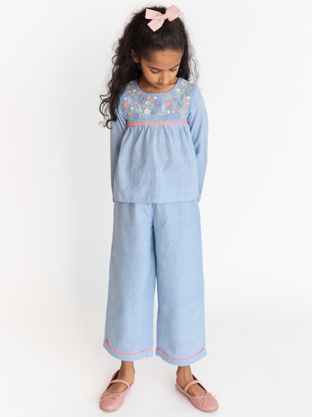 

A Little Fable Girls Pure Cotton Top with Palazzos, Blue