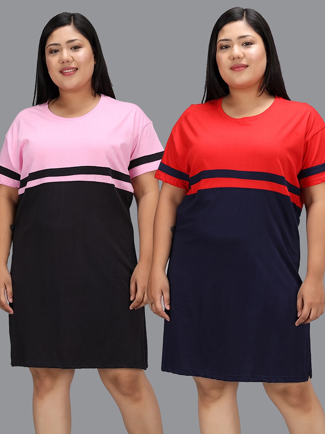 

Christy World Pack of 2 Colourblocked Cotton T-shirt Nightdress, Pink