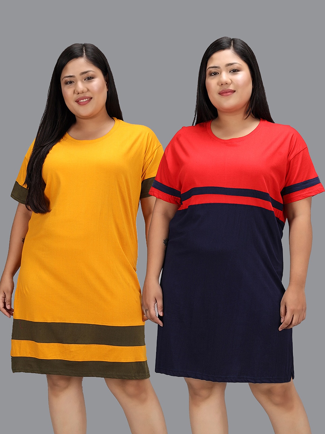 

Christy World Pack Of 2 Colourblocked Pure Cotton T-shirt Nightdress, Yellow