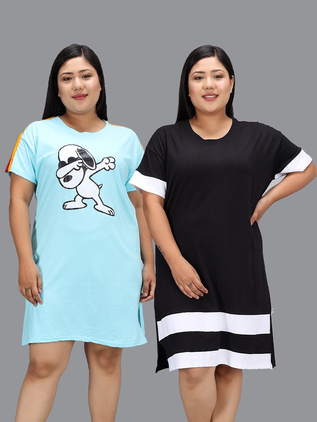 

Christy World Pack Of 2 Printed Cotton T-shirt Nightdress, Blue