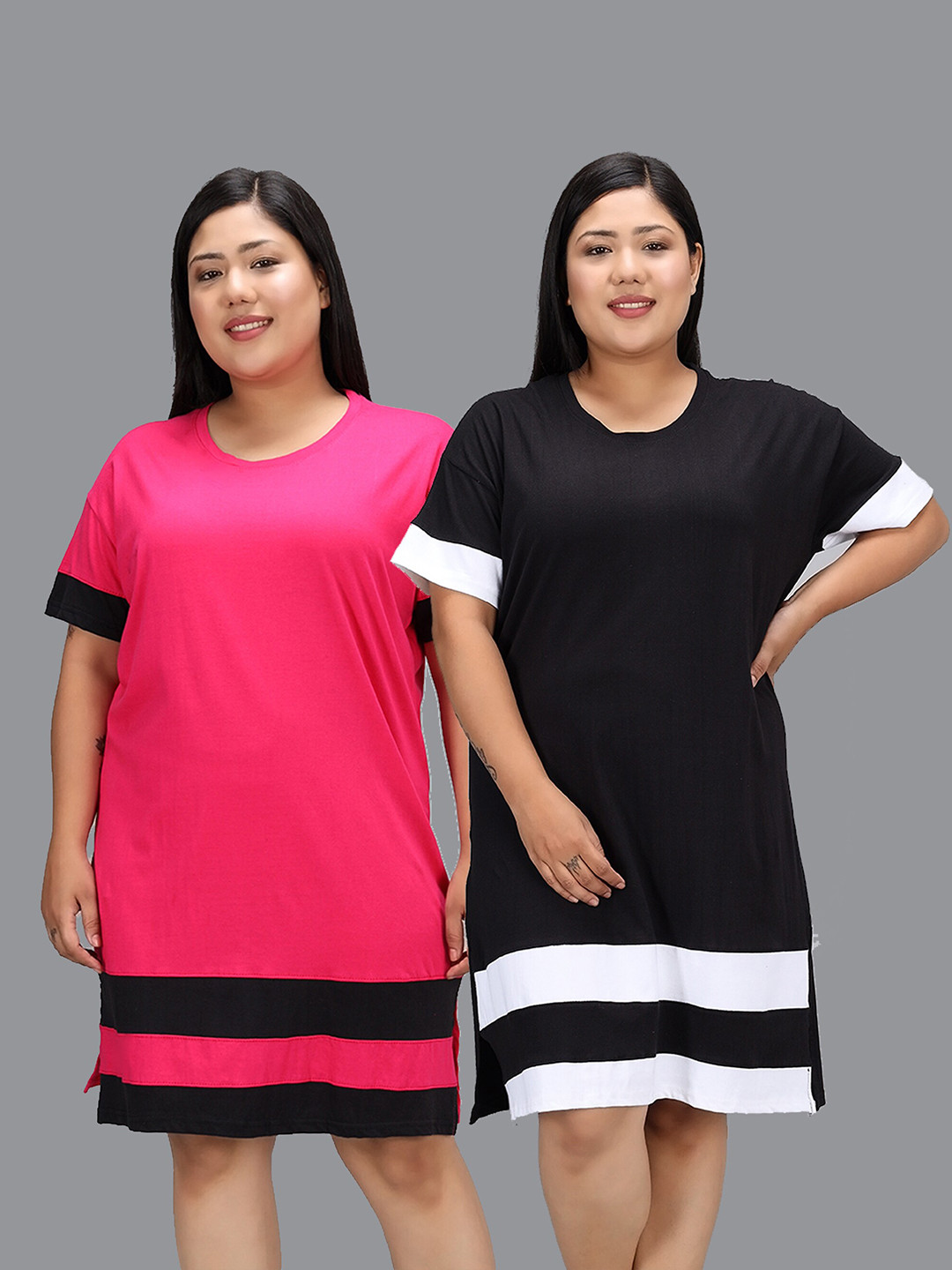 

Christy World Pack Of 2 Colourblocked Pure Cotton T-shirt Nightdress, Black