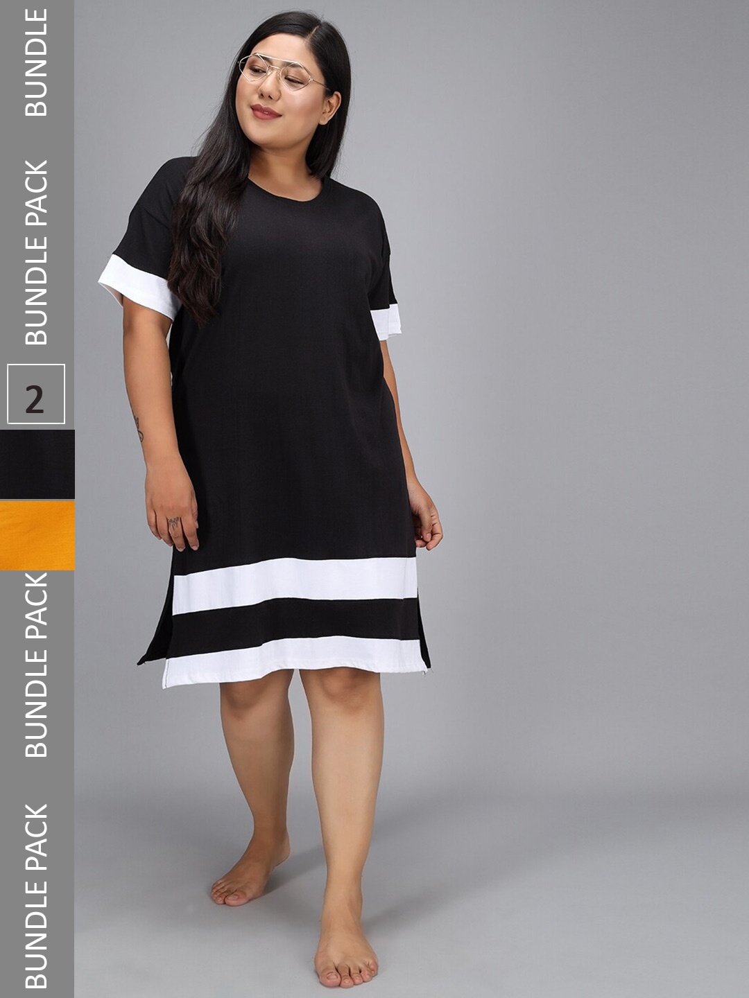 

Christy World Pack Of 2 Striped Cotton T-shirt Nightdress, Black