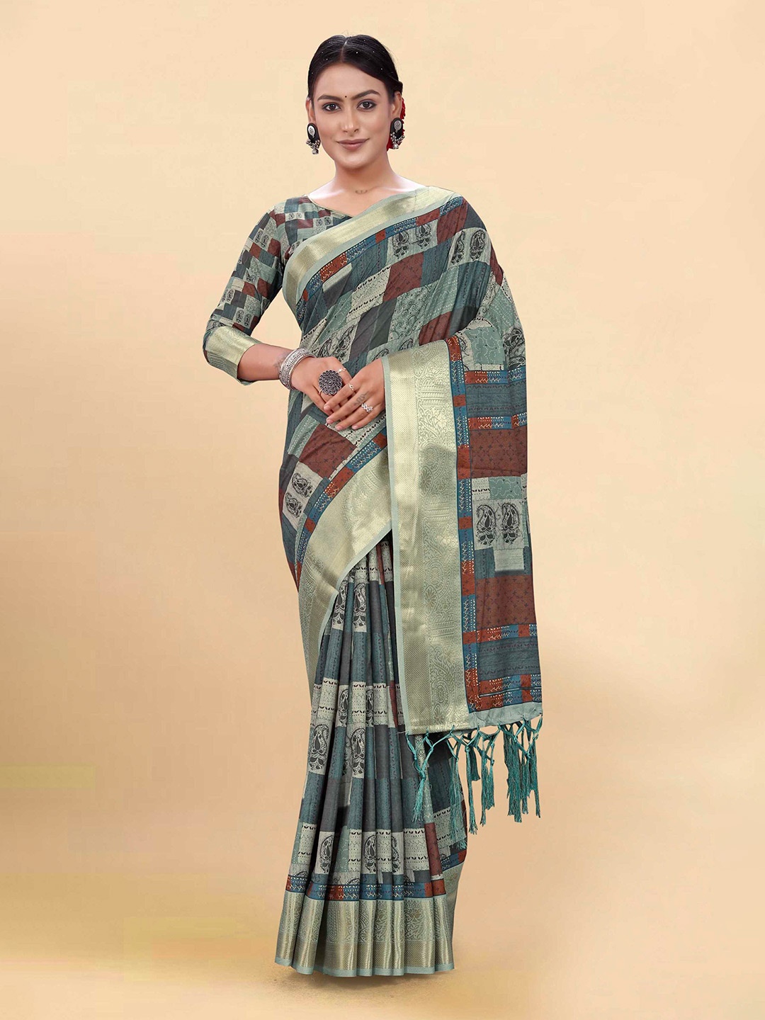 

Mitera Woven Design Geometric Zari Pure Cotton Saree, Grey