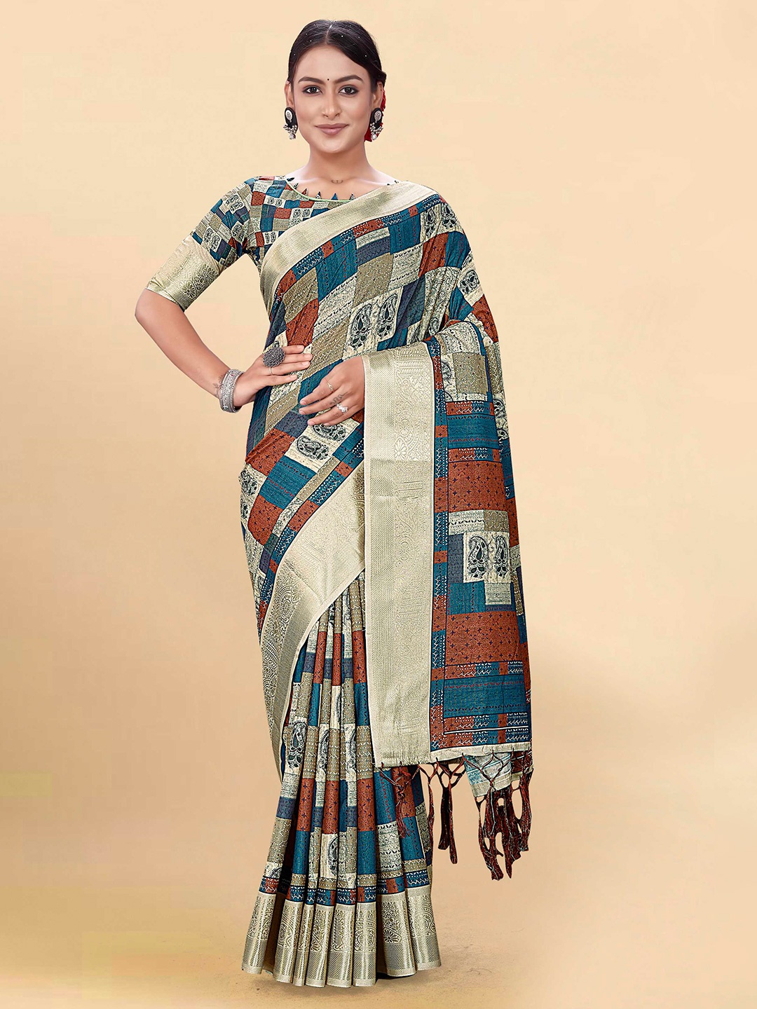 

Mitera Navy Blue & Gold-Toned Ethnic Motifs Woven Design Zari Pure Cotton Saree