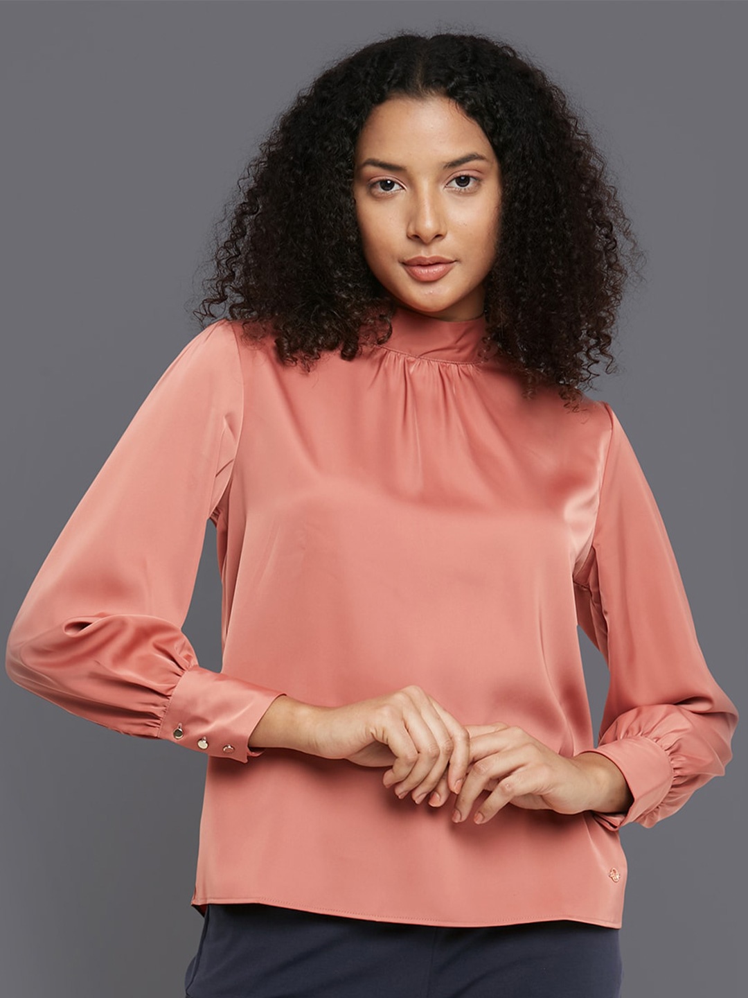 

Allen Solly Woman Gathered High Neck Cuffed Sleeves Top, Pink