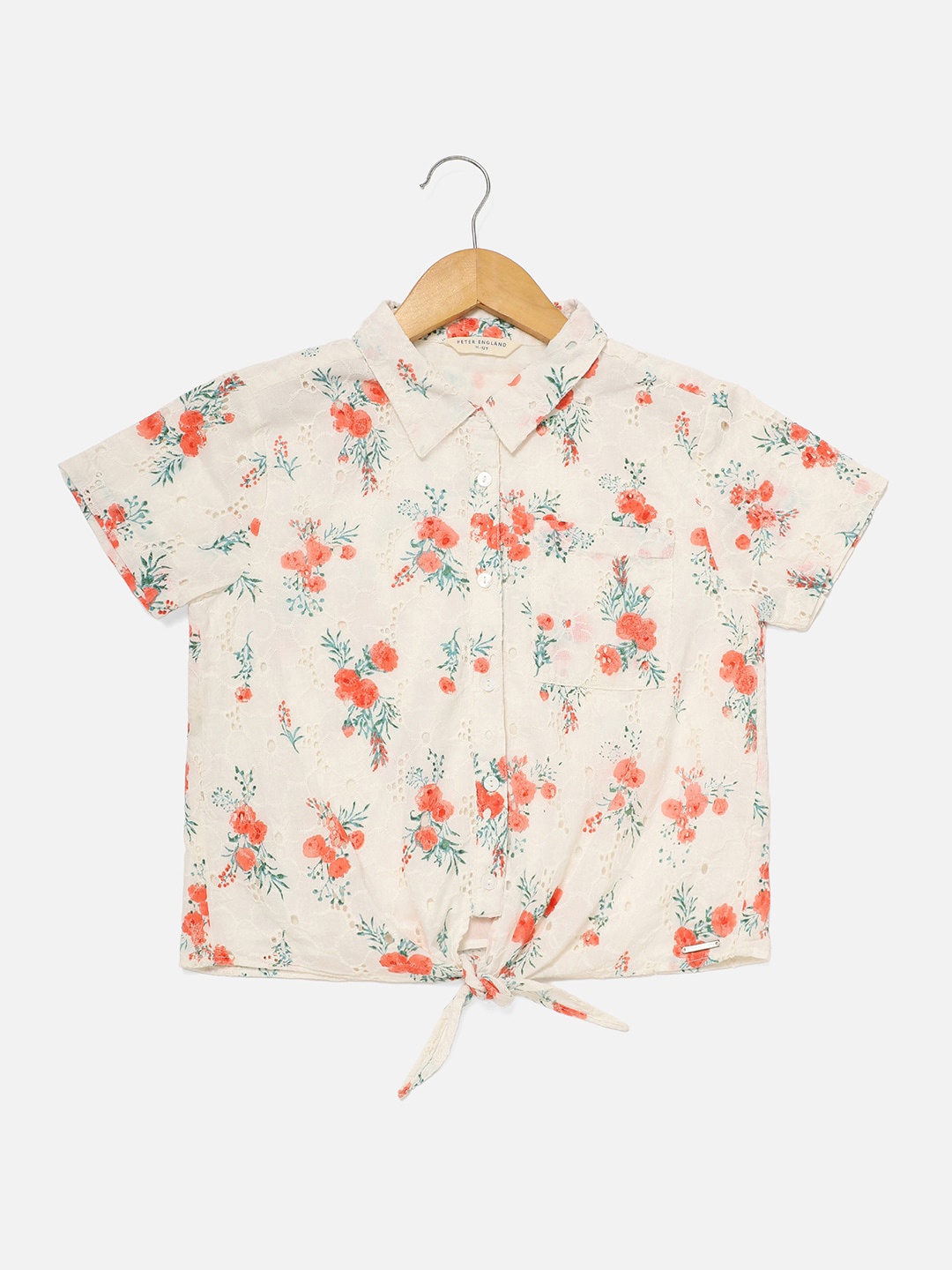 

Peter England Girls Floral Printed Cotton Schiffli Shirt Style Top, Cream