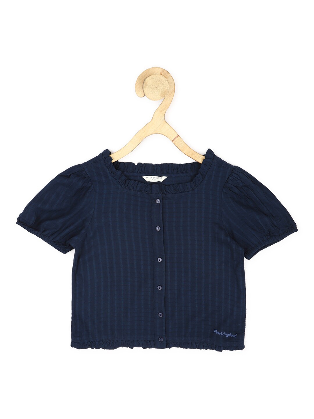 

Peter England Girls Striped Puff Sleeve Shirt Style Top, Navy blue