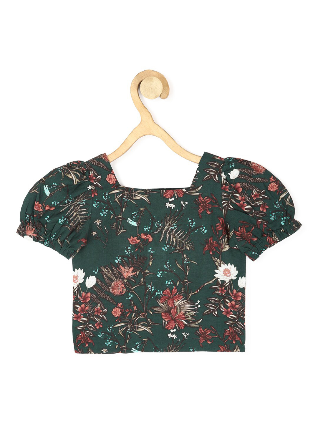 

Peter England Girls Floral Printed Puff Sleeves Cotton Top, Green