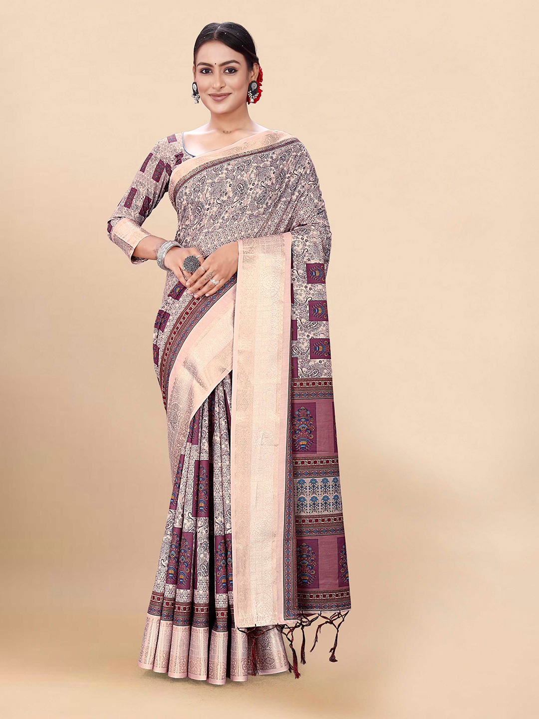 

Mitera Pink & Gold-Toned Floral Zari Pure Cotton Saree