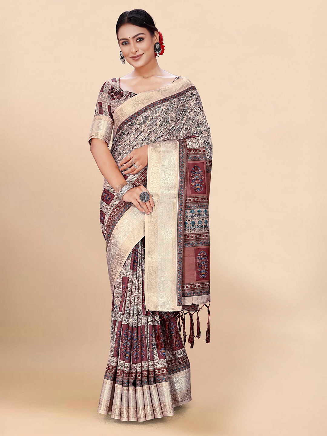 

Mitera Beige & Brown Ethnic Motif Printed Zari Pure Cotton Saree
