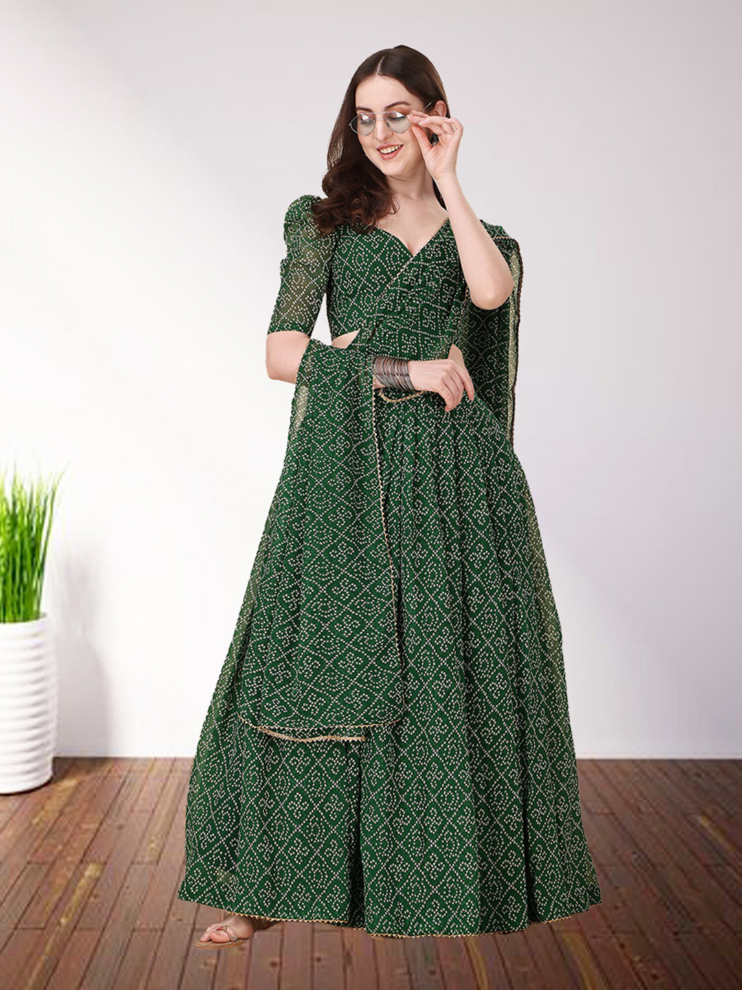 

N N ENTERPRISE Printed Semi-Stitched Lehenga & Unstitched Blouse With Dupatta, Green