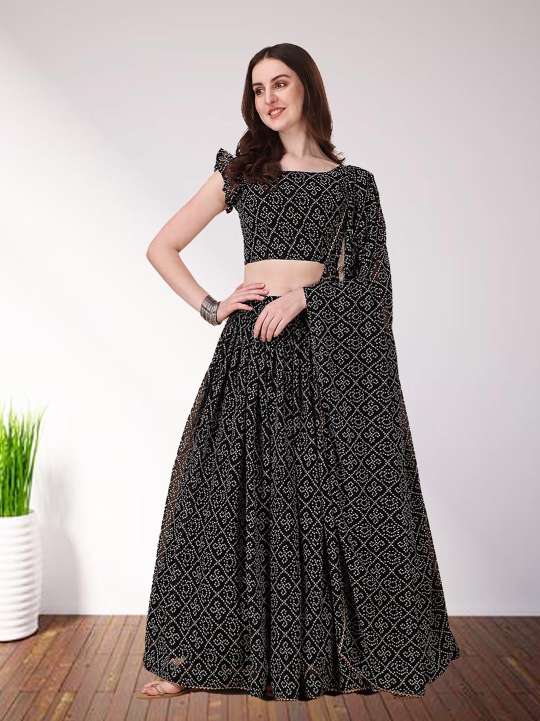 

N ENTERPRISE Bandhani Printed Flutter Sleeve Lehenga Choli with Dupatta, Black