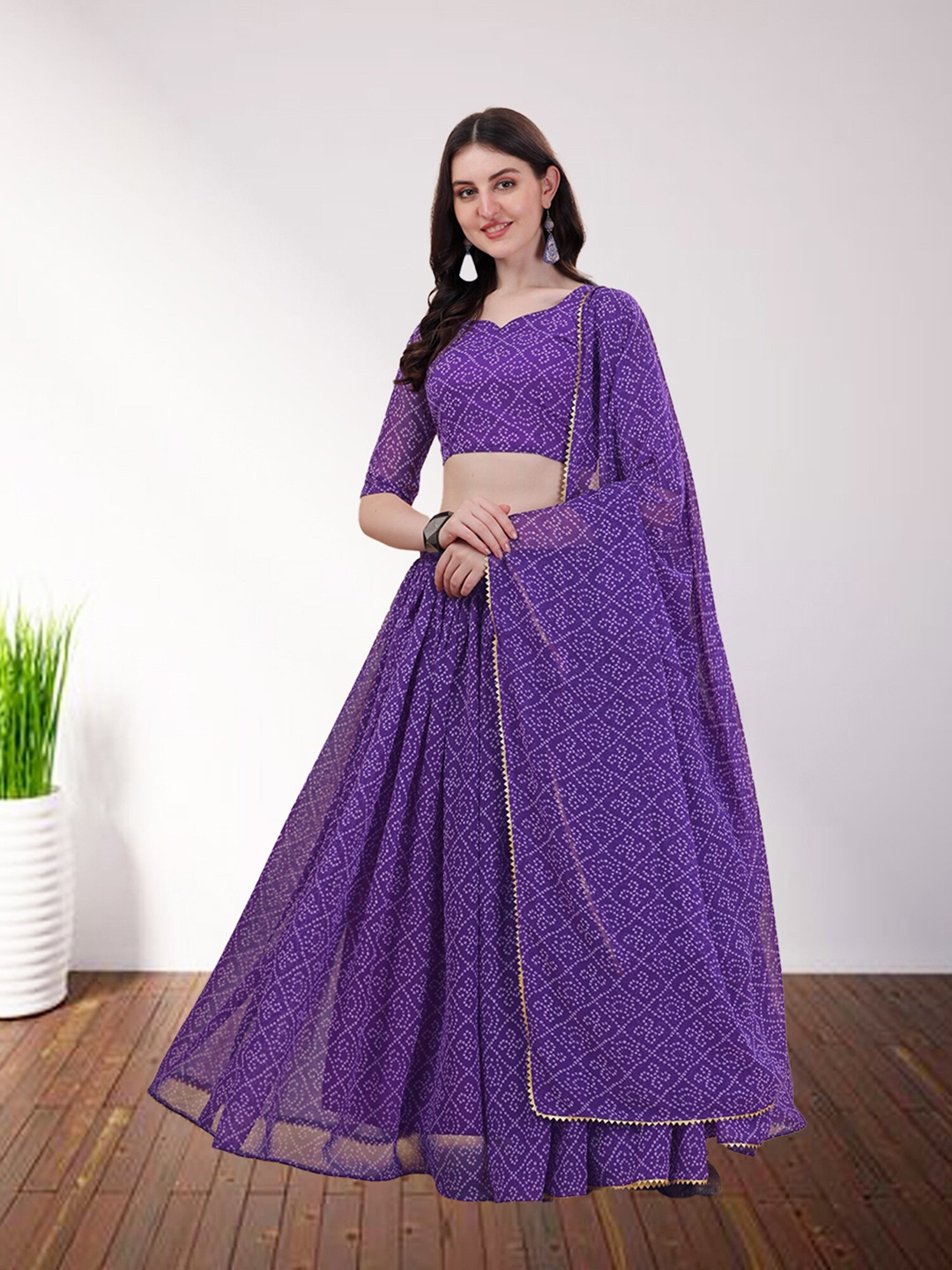 

N N ENTERPRISE Printed Gotta Patti Semi-Stitched Lehenga & Unstitched Blouse With Dupatta, Purple