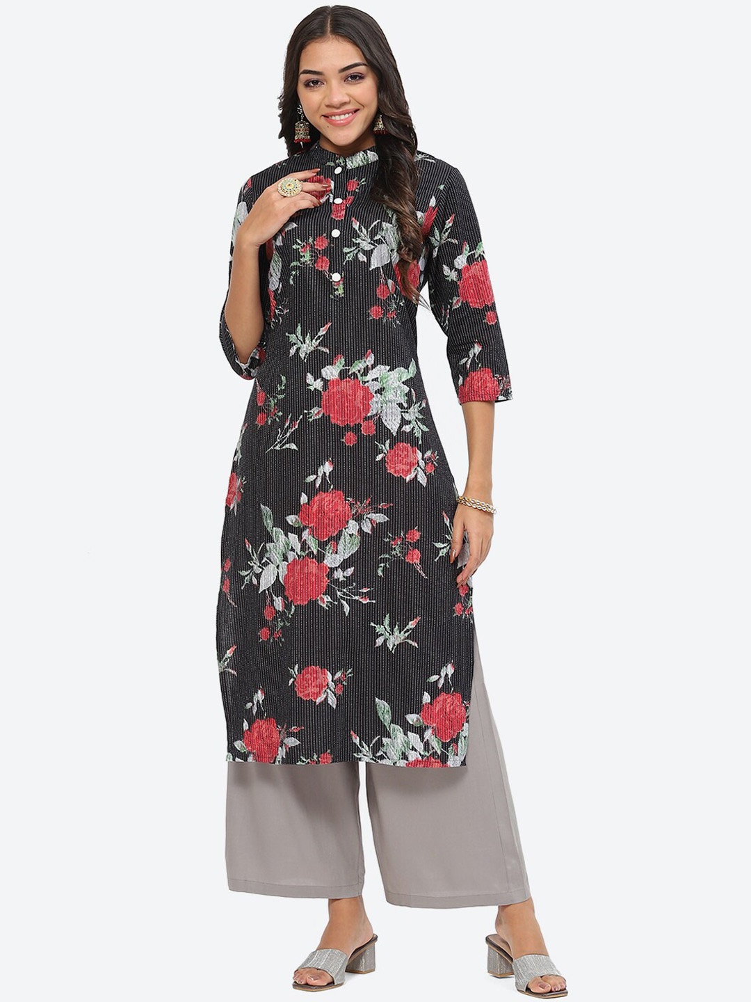 

Kurti's by Menka Floral Printed Straight Cotton Kurta, Black