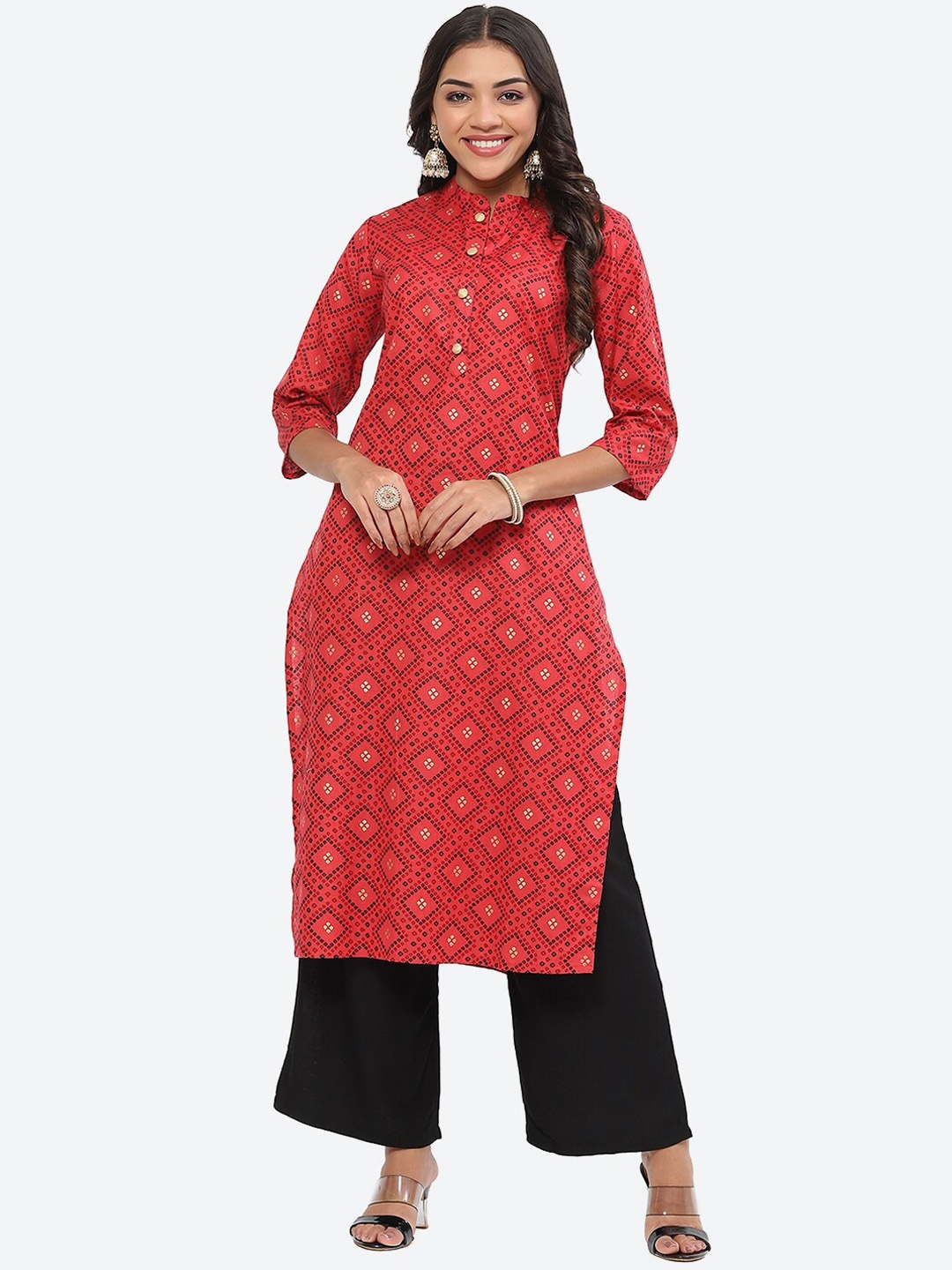 

Kurti's by Menka Bandhani Printed Pure Cotton Regular Kurta, Red