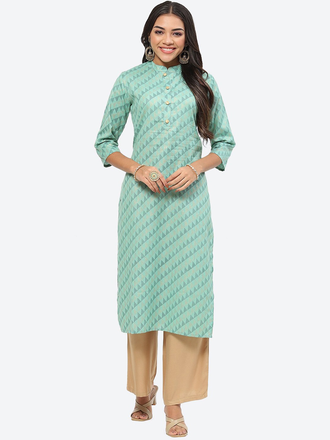 

Kurti's by Menka Geometric Printed Mandarin Collar Cotton Kurta, Green