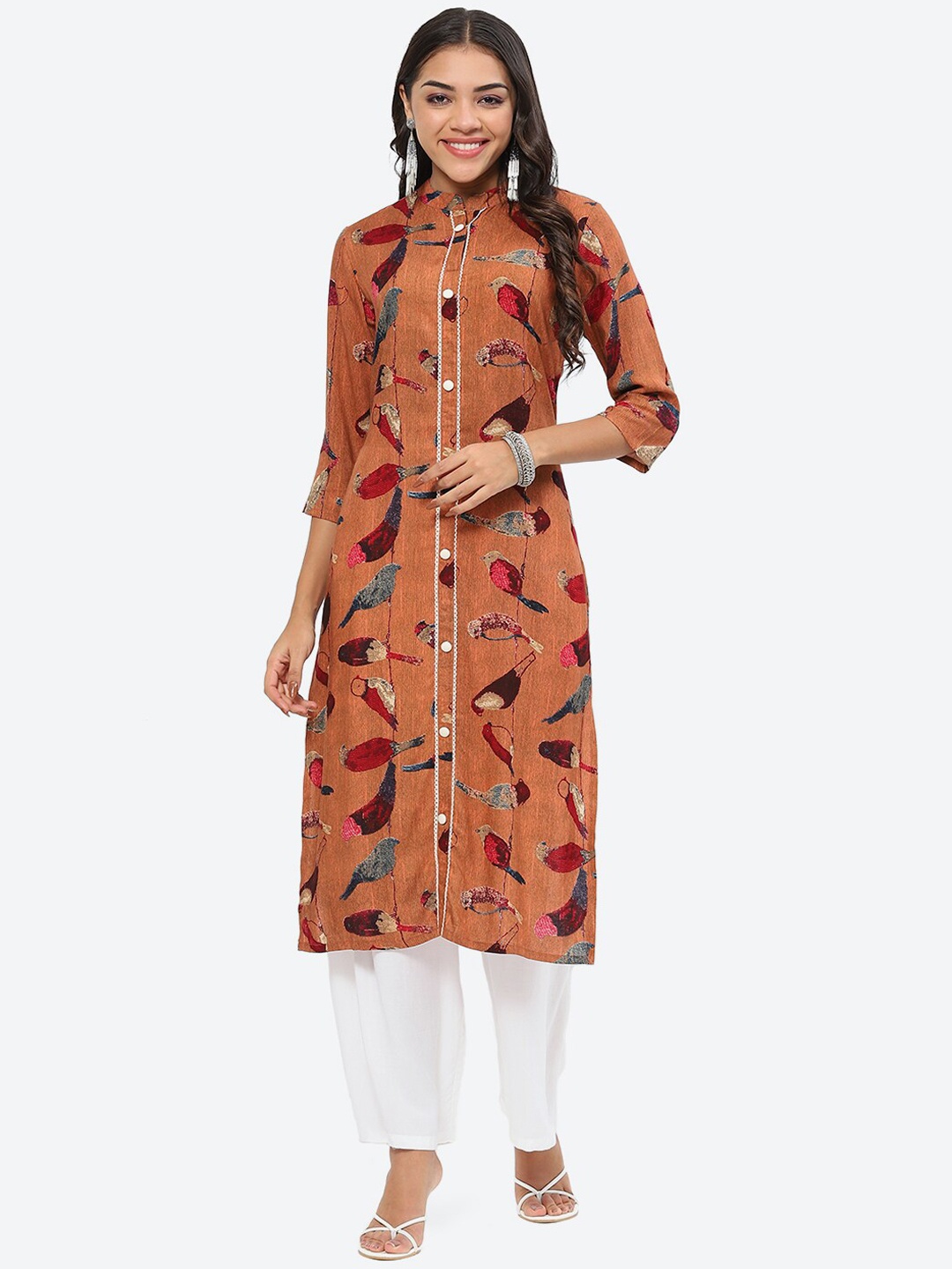 

Kurti's by Menka Conversational Printed Mandarin Collar Straight Kurta, Brown