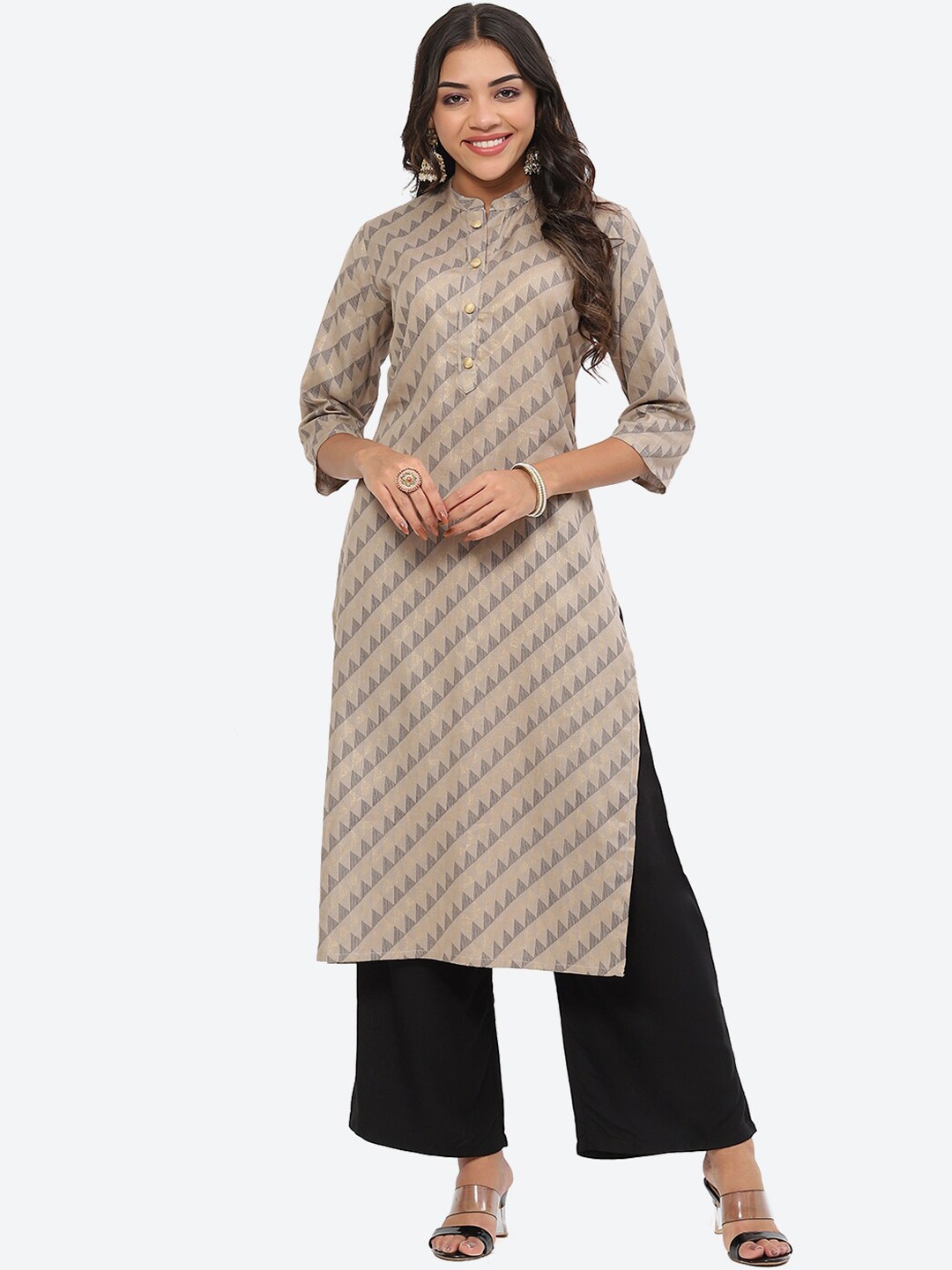 

Kurti's by Menka Geometric Printed Mandarin Collar Pure Cotton Regular Kurta, Grey