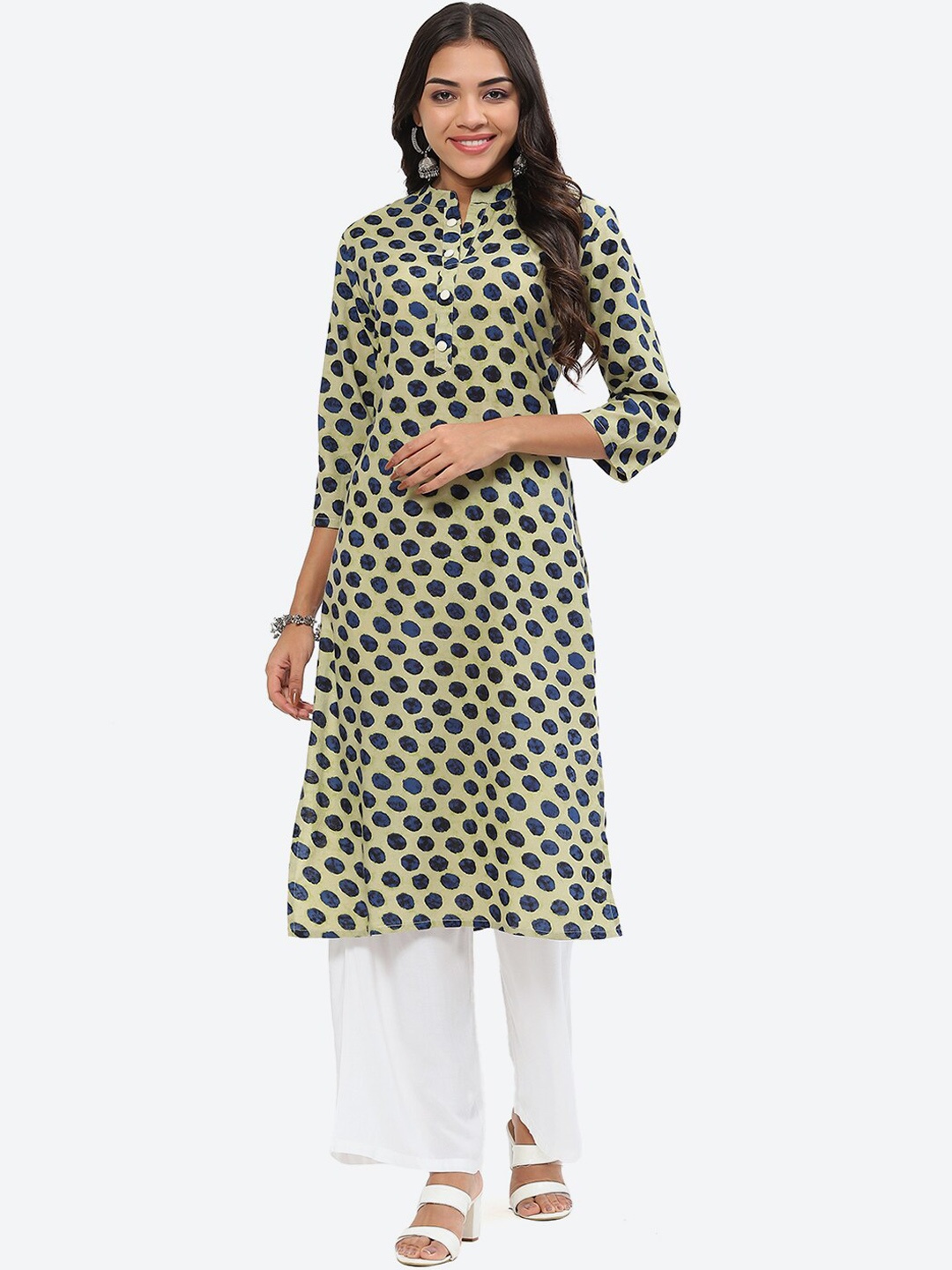 

Kurti's by Menka Geometric Printed Mandarin Collar Straight Kurta, Beige
