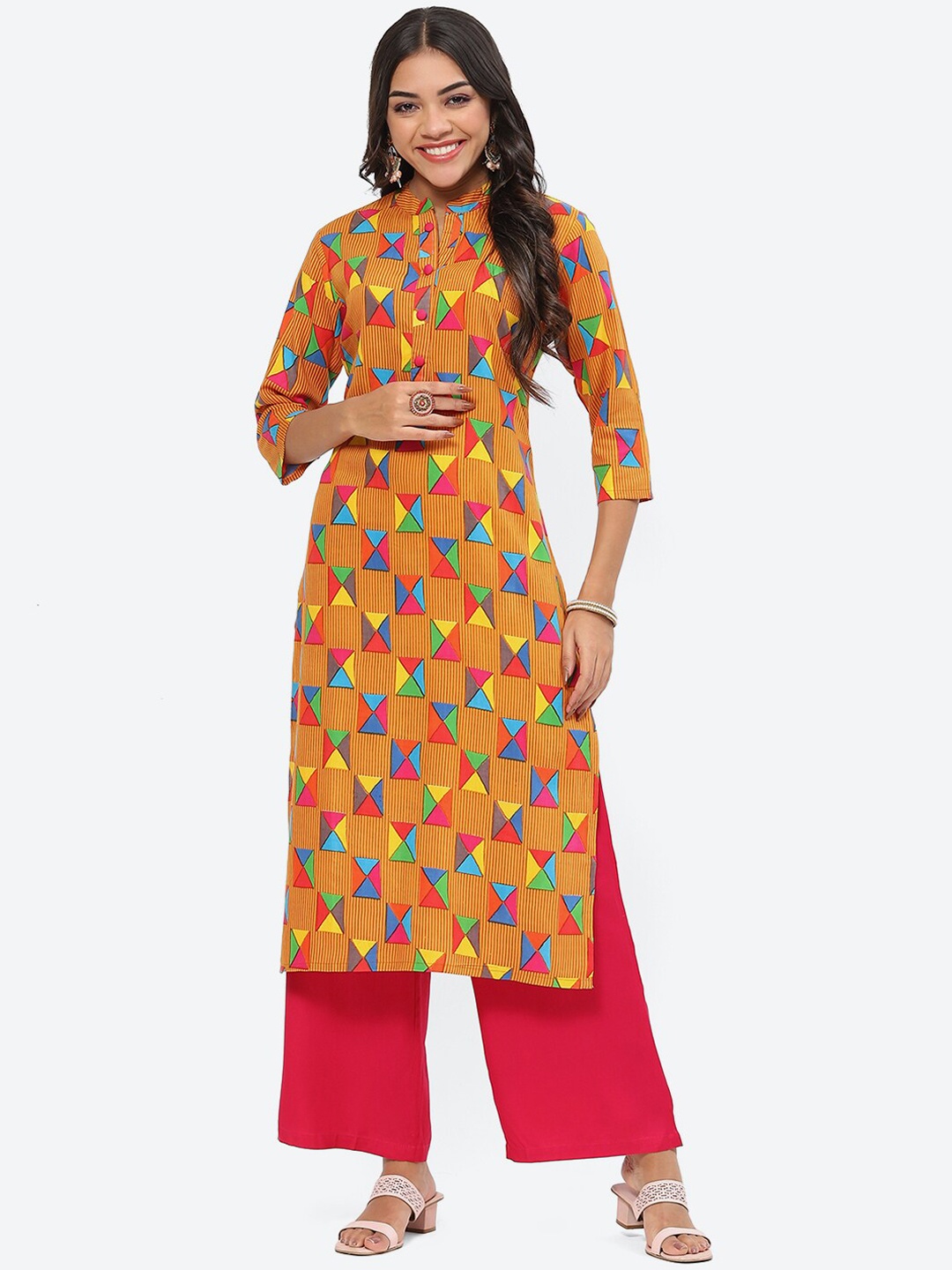 

Kurti's by Menka Geometric Printed Mandarin Collar Straight Kurta, Mustard