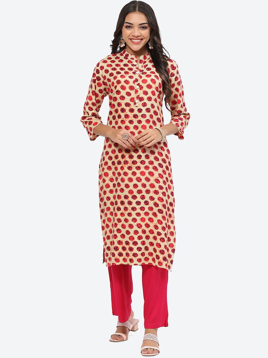 

Kurti's by Menka Polka Dot Printed Straight Kurta, Red
