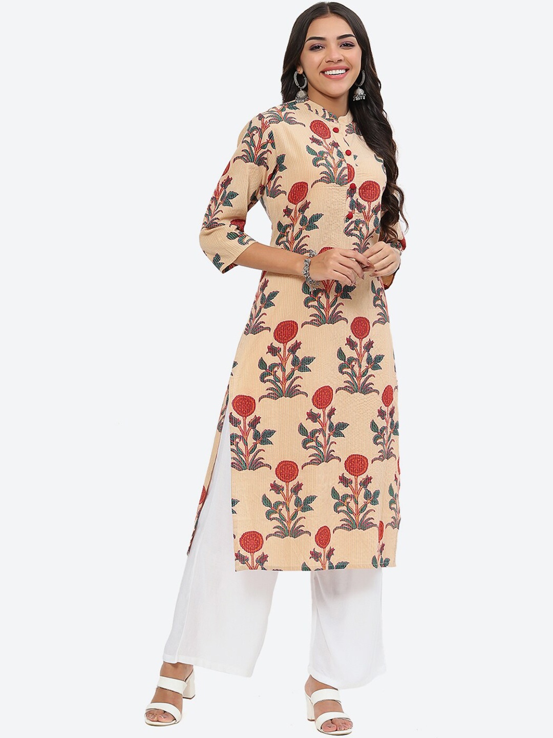 

Kurti's by Menka Floral Printed Mandarin Collar Pure Cotton Regular Kurta, Cream