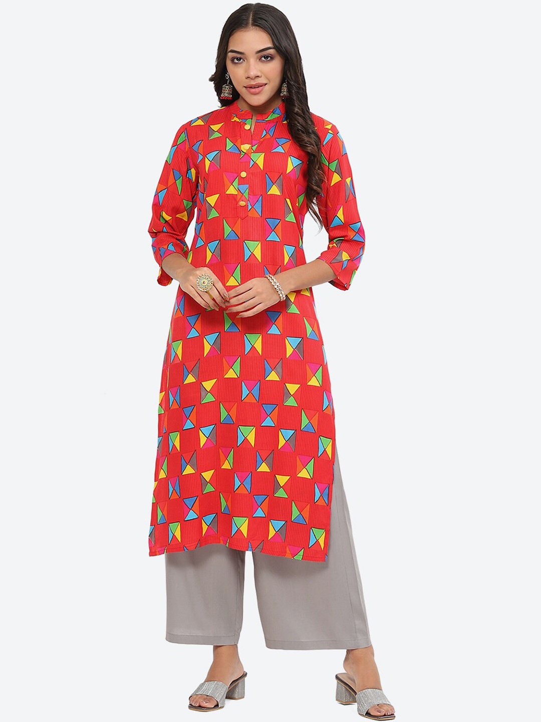 Kurti's by Menka Geometric Printed Mandarin Collar Straight Kurta, Red
