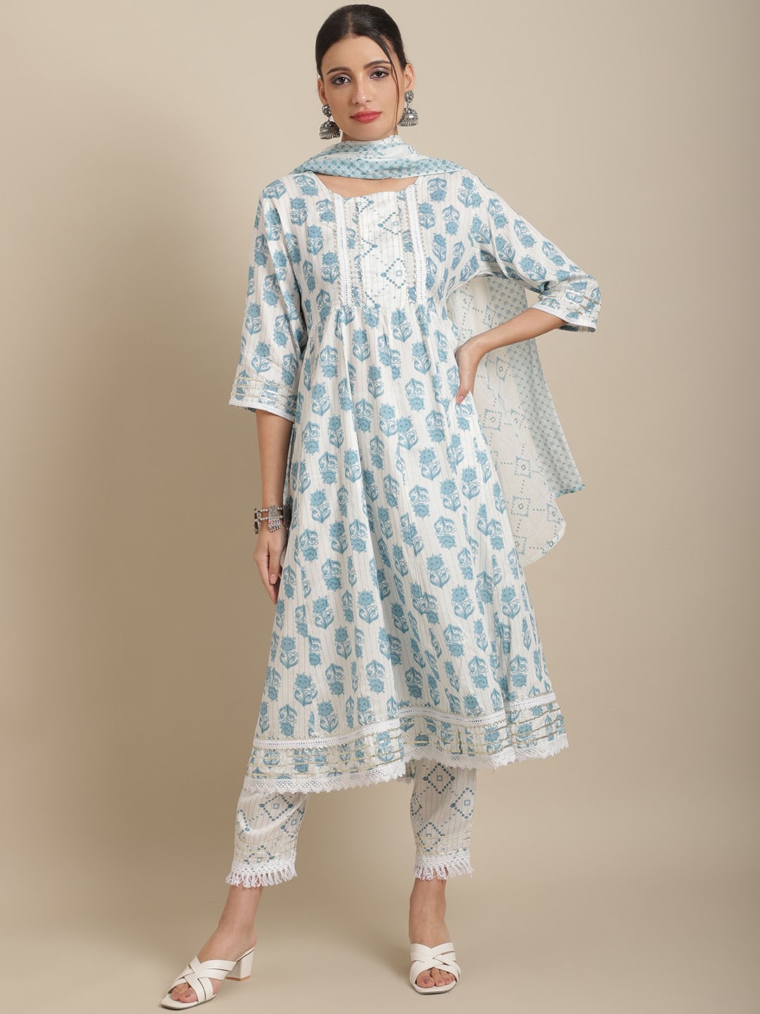 

Sangria White & Blue Floral Printed Sequined A-Line Kurta With Trouser & Dupatta