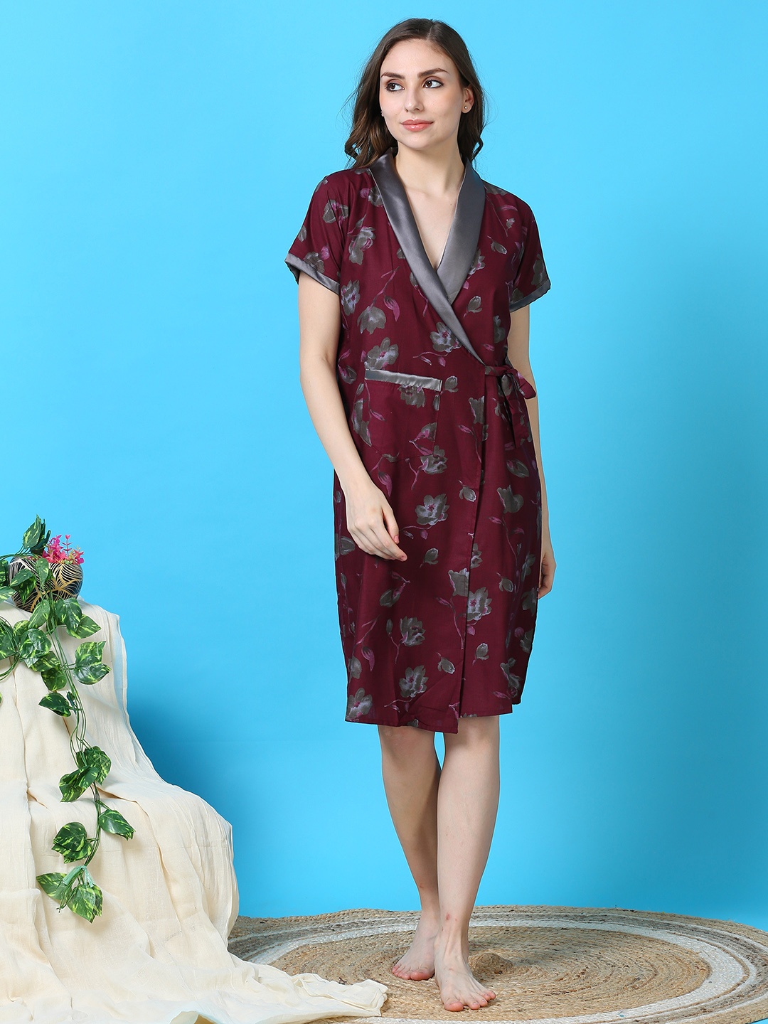 

9shines Floral Printed Maxi Wrap Midi Nightdress, Red