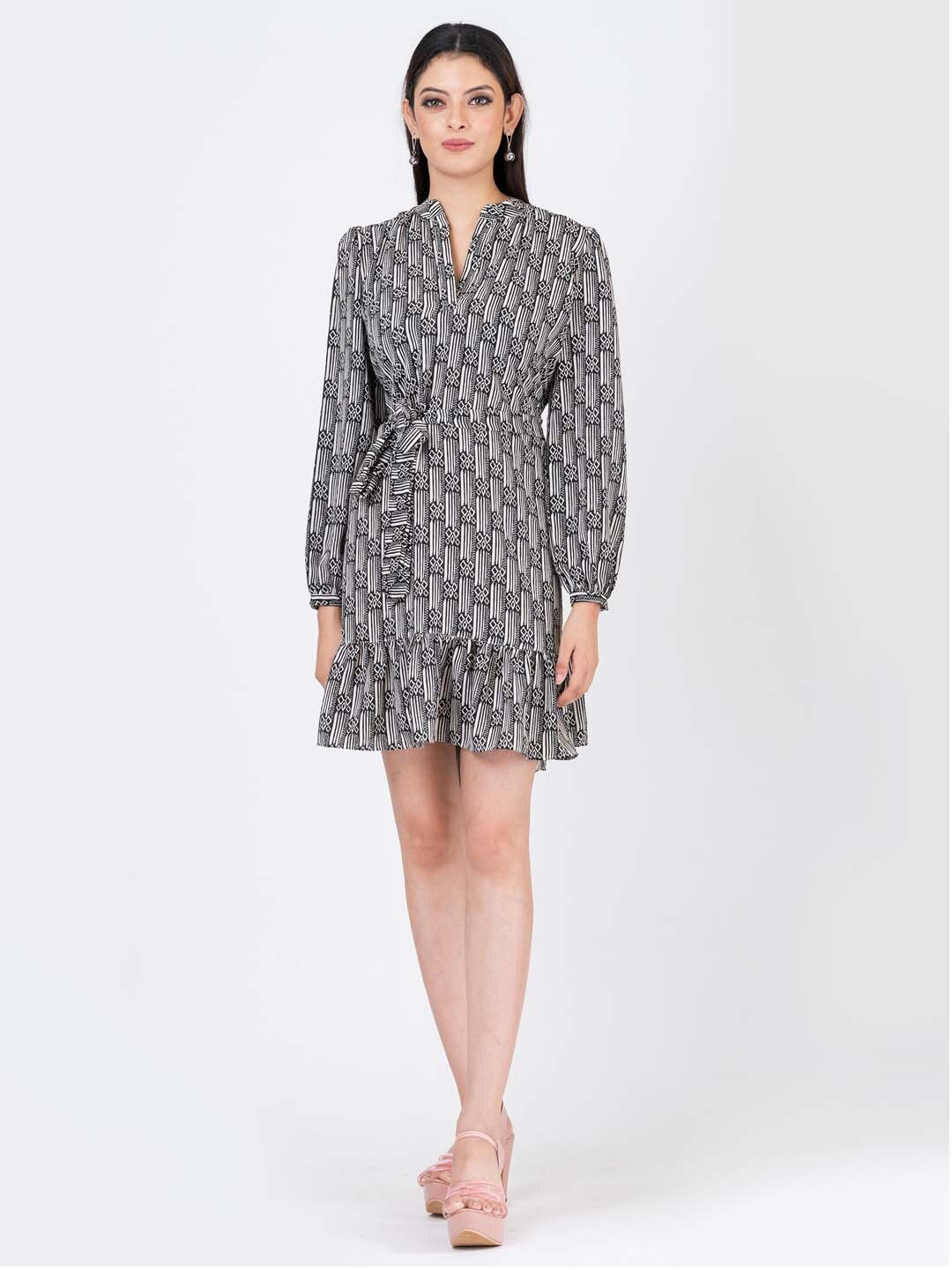

S&F Geometric Printed Puff Sleeves Georgette Fit & Flare Mini Dress, Black