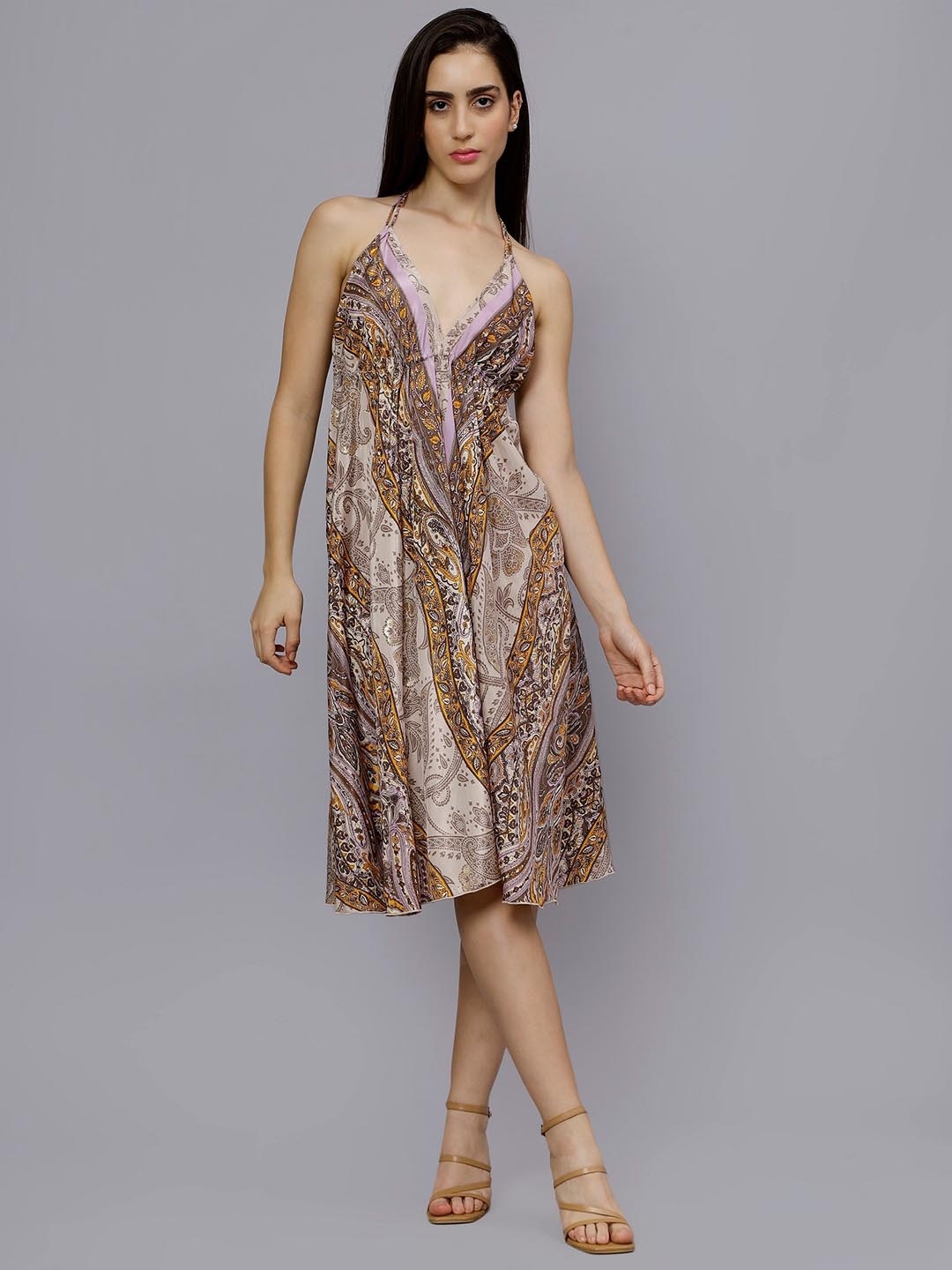 

Aditi Wasan Ethnic Motifs Printed Halter Neck Tie-Ups Detailed A-Line Dress, Cream