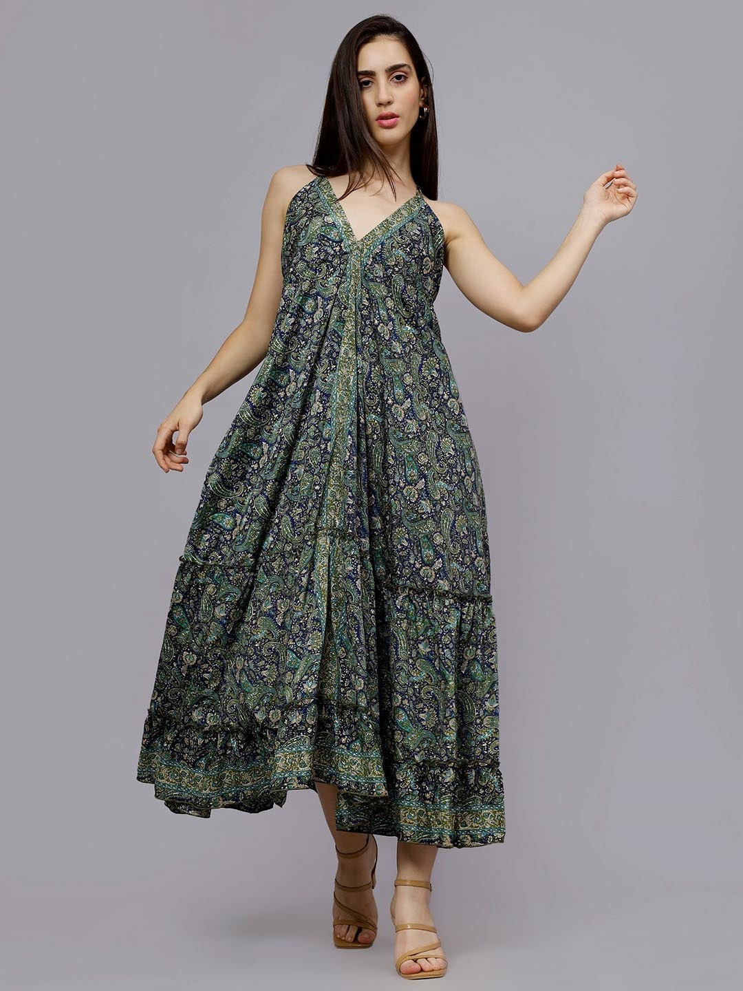 

Aditi Wasan Ethnic Motifs Printed Halter Neck Tiered Detailed Maxi Dress, Blue