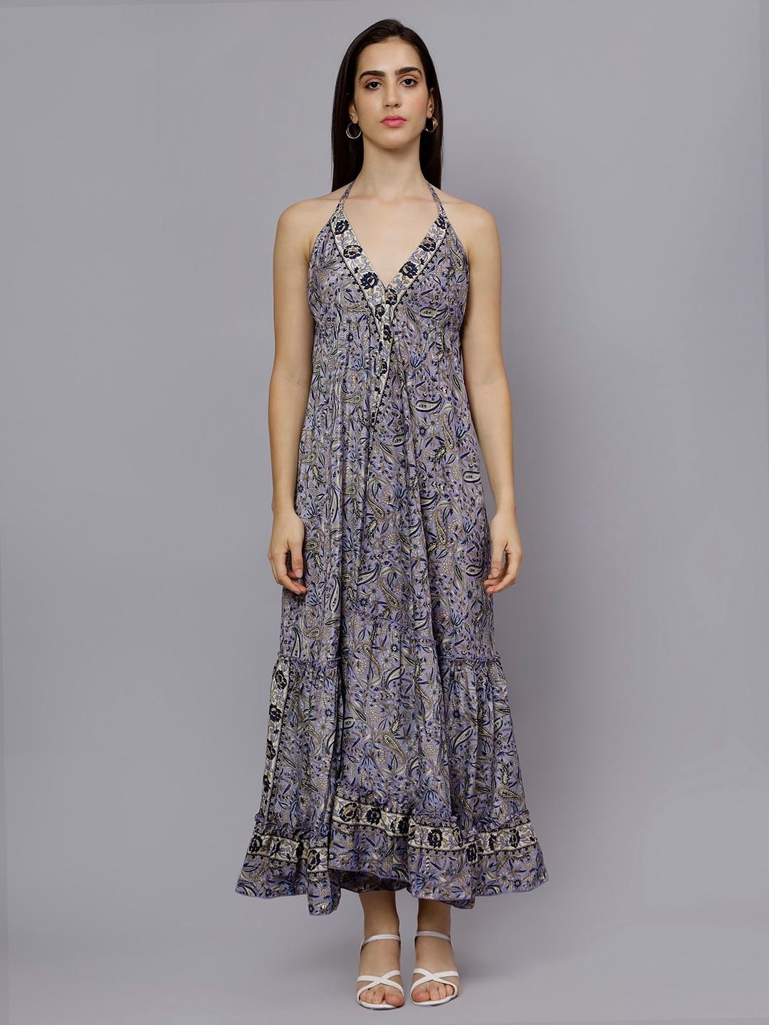 

Aditi Wasan Ethnic Motifs Printed Halter Neck Tiered Detailed Maxi Dress, Mauve