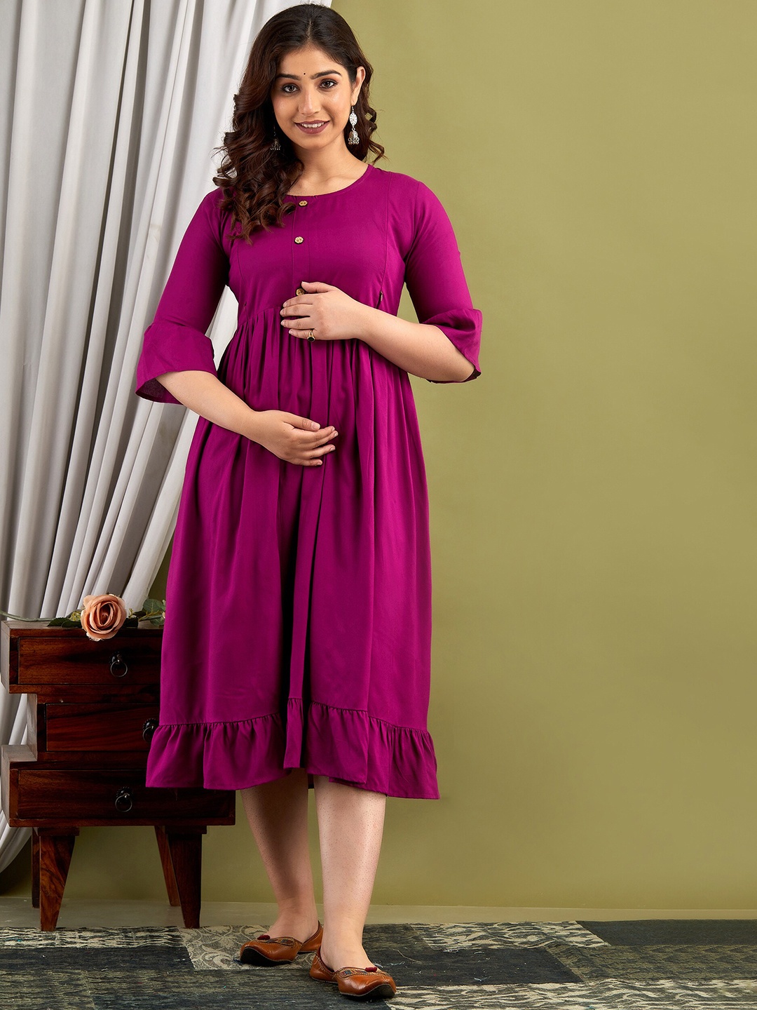 

Mialo fashion Fit & Flared Maternity Midi Ethnic Dress, Magenta